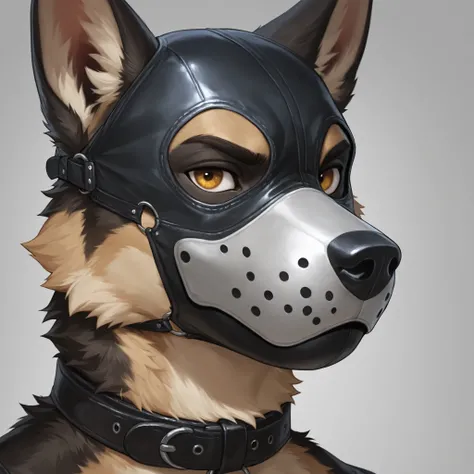 Furry, 1boy, highly detailed, breathtaking, male only, 18+, headshot, pup mask, german shepherd, white background, looking at viewer, leather collar
