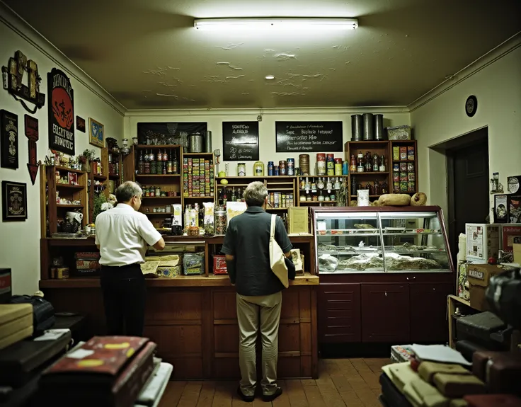 “Interior of a small 1960s Brazilian grocery store, with rustic wooden shelves packed with glass soda bottles, canned goods, and old packaging. A man in a white short-sleeved shirt stands behind a worn wooden counter with a glass display showing vintage pa...
