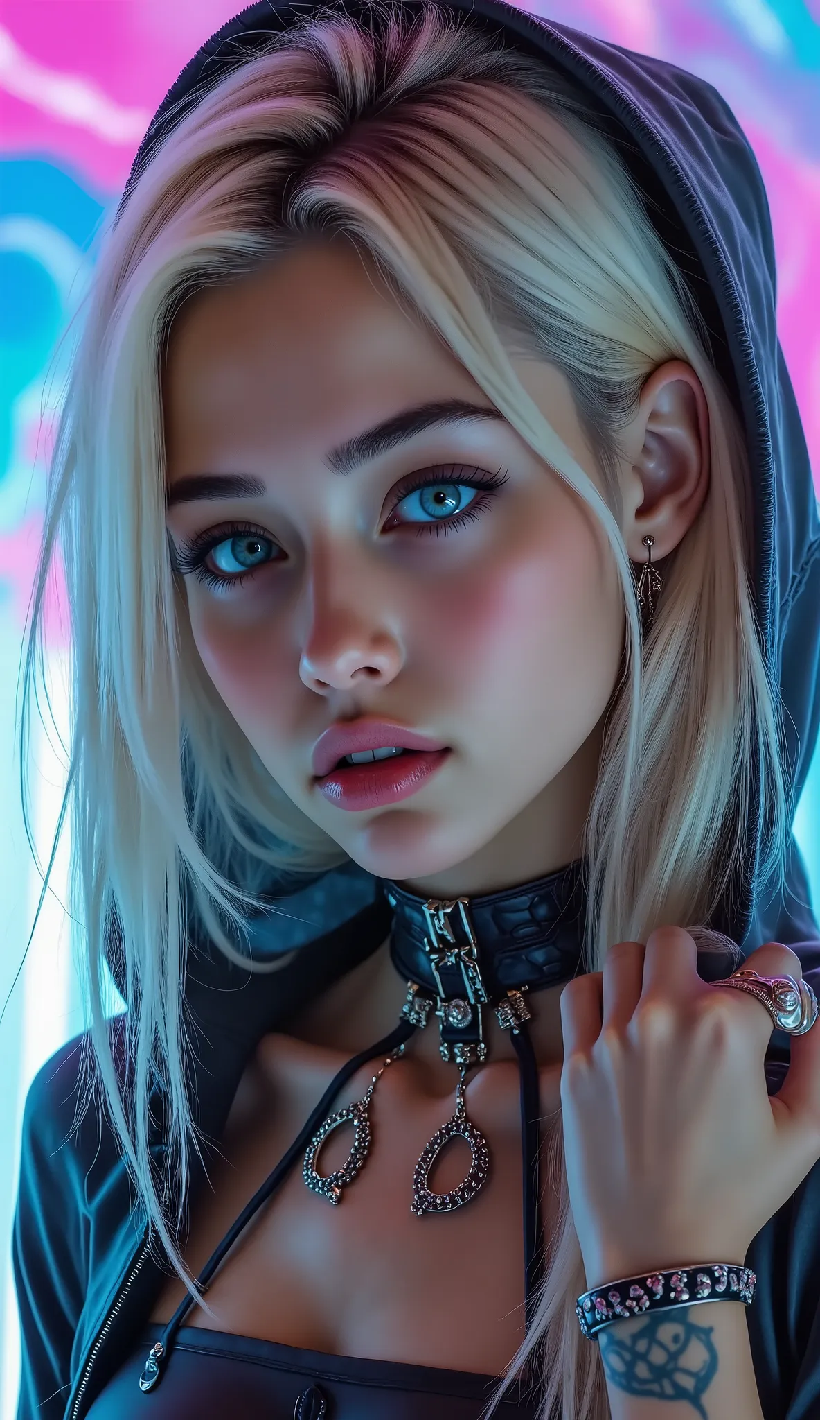 [Style: "masterpiece, realistic, (photo realistic Realism), ultra-detailed, Hyper high resolution"] 1girl, full body,blonde hair, hooded jacket, serious expression, vibrant neon colors, (Key Directive: - ("The priority is the anatomical accuracy and textur...