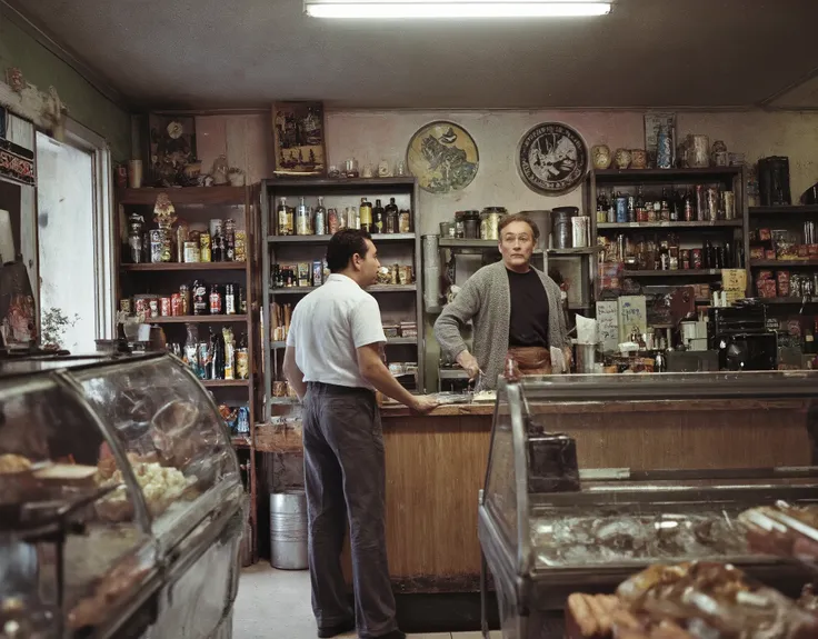 “Interior of a small 1960s Brazilian grocery store, with rustic wooden shelves packed with glass soda bottles, canned goods, and old packaging. A man in a white short-sleeved shirt stands behind a worn wooden counter with a glass display showing vintage pa...