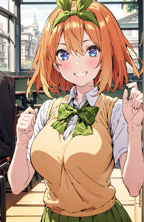 score_9, score_8_up, score_7_up, 中野四葉, solo,bungs, short hair, blue eyes, hair between eyes, hair ribbon, headband, orange hair, (green ribbon:1.5), smile,blush,grinning,Big Breasts,
in their 40s skirt, shirt, bow, ribbon, uniform, white shirt, short sleev...
