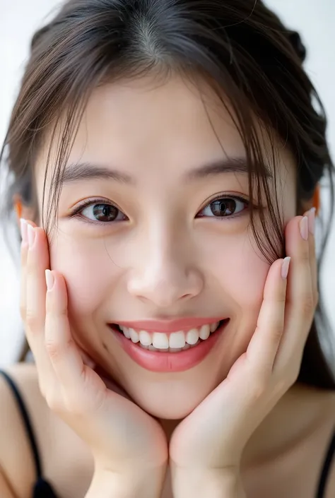 extreme close-up portrait, beautiful girl with her love-struck, radiant face filling the entire frame (95% face ratio), gently placing both open hands on her flushed cheeks with soft fingers, soft black camisole, white blurred background, eyes dreamy and h...