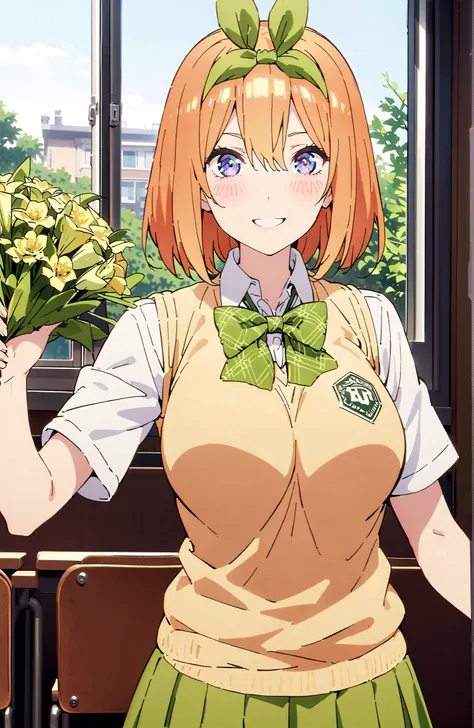 score_9, score_8_up, score_7_up, 中野四葉, solo,bungs, short hair, blue eyes, hair between eyes, hair ribbon, headband, orange hair, (green ribbon:1.5), smile,blush,grinning,Big Breasts,
in their 40s skirt, shirt, bow, ribbon, uniform, white shirt, short sleev...