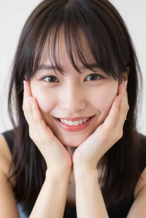 extreme close-up portrait, beautiful girl with her love-struck, radiant face filling the entire frame (95% face ratio), gently placing both open hands on her flushed cheeks with soft fingers, soft black camisole, white blurred background, eyes dreamy and h...