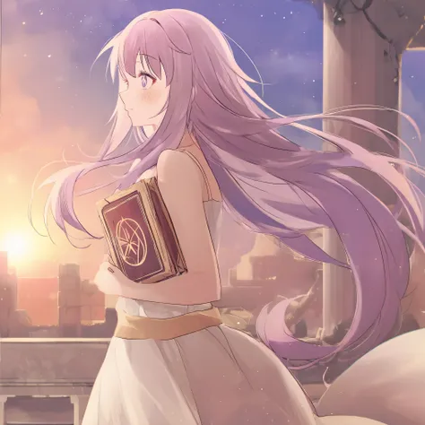 HIGH-resolution. Wallpaper of a cute girl up body, and long purple hair with bangs. Hair bangs. Holding a book. Starry eyes. slightly side view. wearing a white dress. Atens acropolis ruins background ate the sunset.