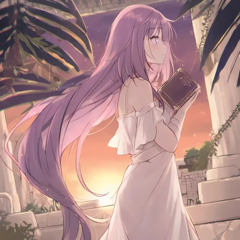 HIGH-resolution. Wallpaper of a cute girl up body, and long purple hair with bangs. Hair bangs. Holding a book. Starry eyes. slightly side view. wearing a white dress. Atens acropolis ruins background ate the sunset.