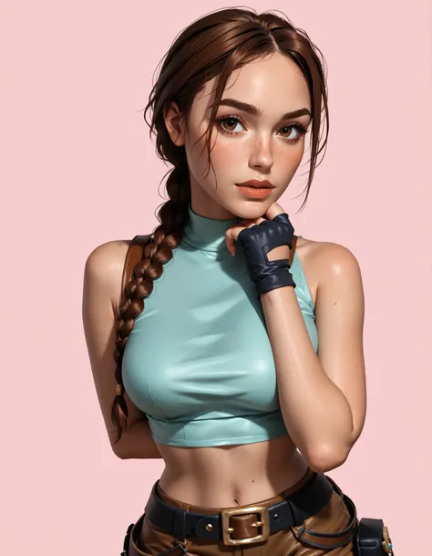 A highly detailed and stylized digital illustration of the athletic and beautiful adventurer Lara Croft, making a sexy pose with a flirty expression, wearing a teal deep-cut (crop top), brown tactical shorts, two black holsters, black fingerless gloves and...