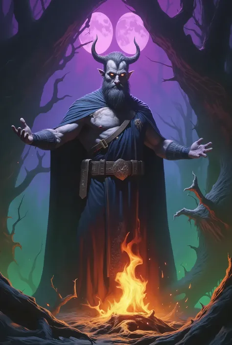 A dark fantasy theme of a female Dark Witch woman in medieval stile, on forest dark spell, in dynamic pose, twin moon in sky, bonfire. Glowing purple green and pink background lighting.