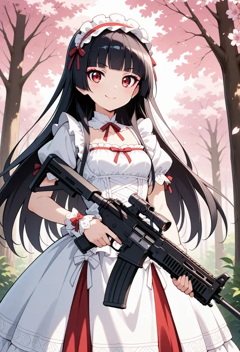 Highest Quality, details, high resolution, 8k, 超high resolution, shot from the front、(anime illustration style:1.2),Standing、1 girl on break day, solo、Rory Mercury、(perfect eye side by side),long hair, black hair, Red Eyes, bungs, blunt bungs, princess cut...