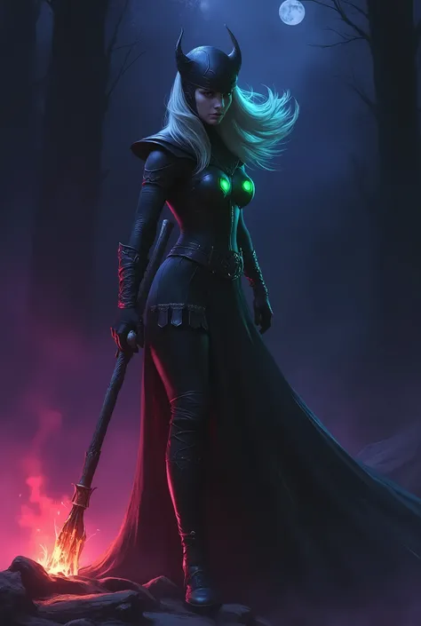 A dark fantasy theme of a female Dark Witch woman in medieval style , on forest, dark spell, in dynamic pose, twin moon in sky, bonfire. Glowing purple green and pink background lighting.