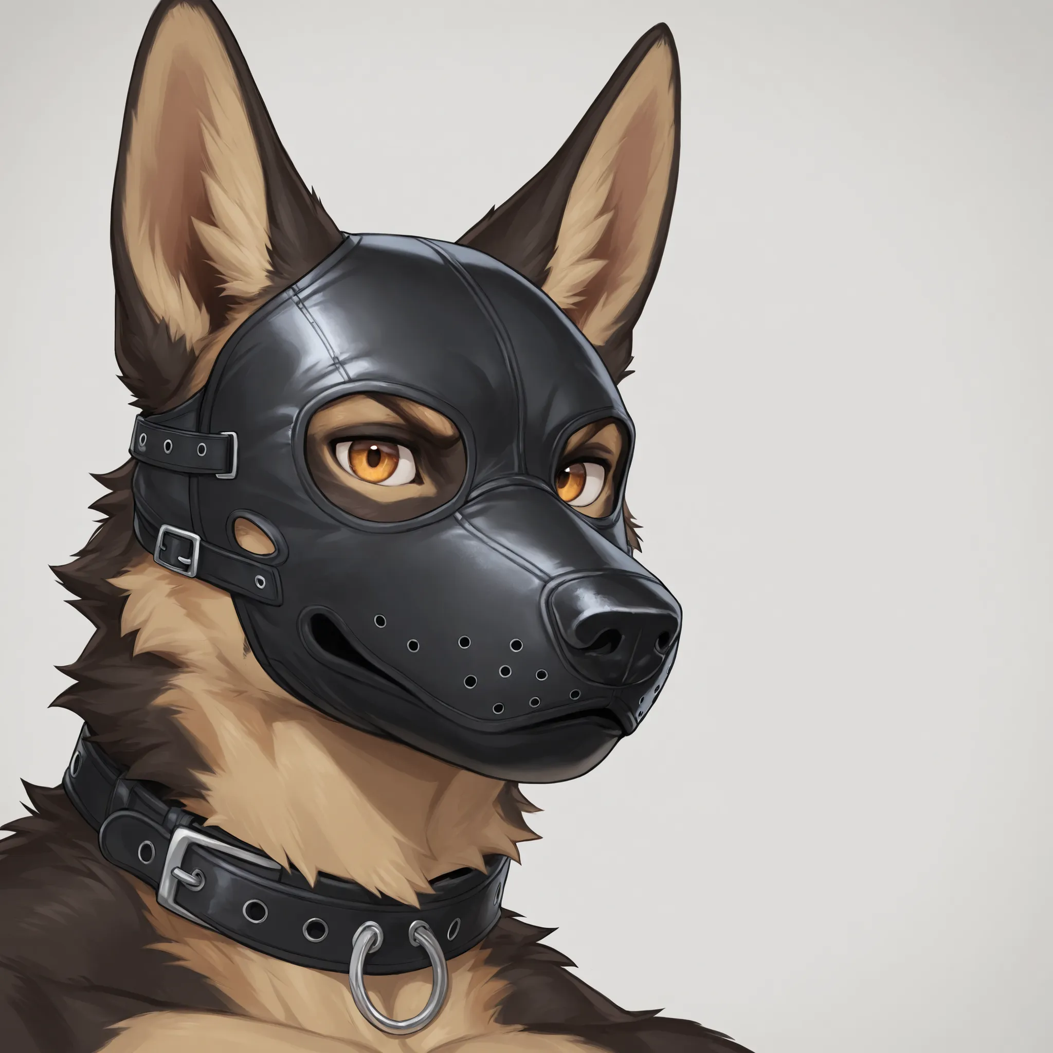 Furry, 1boy, highly detailed, breathtaking, male only, 18+, headshot, pup mask, german shepherd, white background, looking at viewer, leather collar