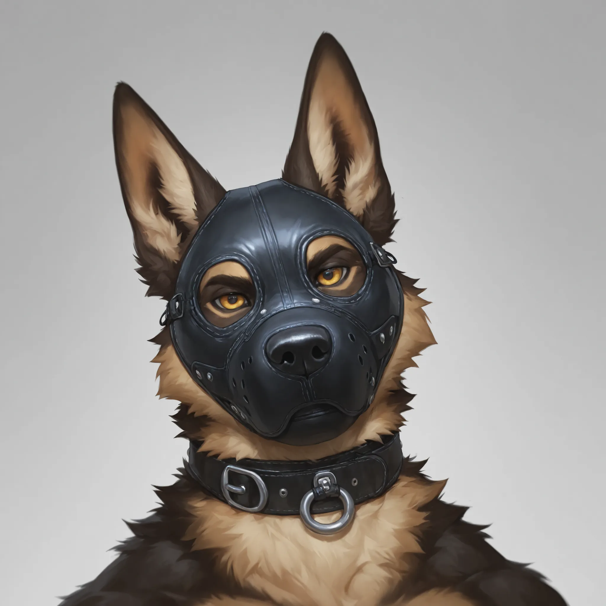 Furry, 1boy, highly detailed, breathtaking, male only, 18+, headshot, pup mask, german shepherd, white background, looking at viewer, leather collar