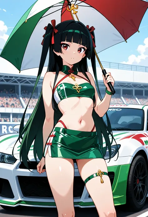 Highest Quality, details, high resolution, 8k, 超high resolution, Soft Saturation, Standing、1 girl on break day, solo, Rory Mercury、 drill hair, green hair, (perfect eye side by side),long hair, black hair, Red Eyes, bungs, blunt bungs, princess cut,makeup,...