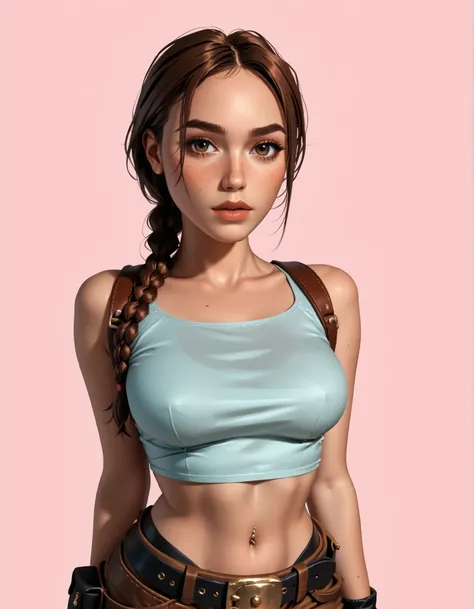 A highly detailed and stylized digital illustration of the athletic and beautiful adventurer Lara Croft, making a sexy pose with a flirty expression, ((low-cut)) (crop top), brown tactical shorts, two black holsters, black fingerless gloves and a black uti...