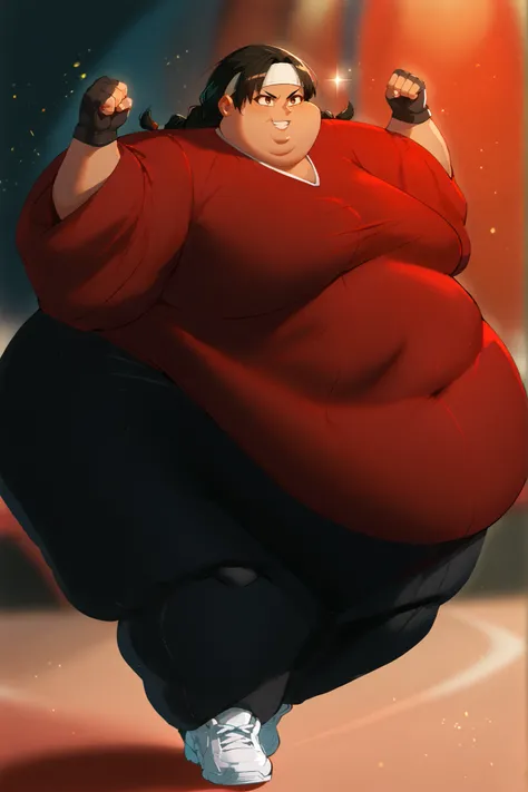 masterpiece, best quality, 1girl, solo, absurdres,
large breasts,
pacifica,
black hair, brown eyes, twin braids, dark skin,
dougi, sneakers, spandex, headband, fingerless gloves
high up, standing on one foot, poised before executing a spinning kick, cine...