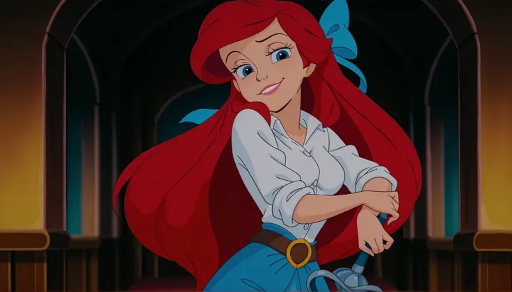 ariel as pirate captain, (anime screencap:1.2), blurry background,1girl, medium breasts, (ArielXL:1.1), long hair, red hair, blue eyes, white button down shirt, rolled sleeves, hair bow, belt, naughty face, smile, looking at viewer, proud pose, holding rap...