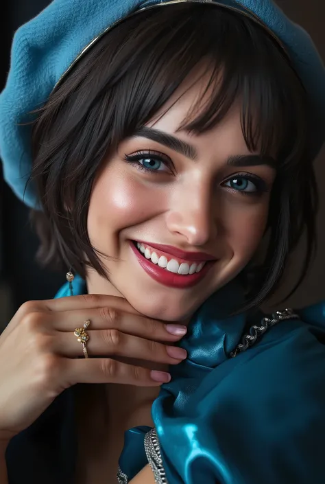 Fajo Geno Style , masterpiece, best quality, 1 girl, 21 years old, smile, pink lips, aqua eyes, blue beret, Gold, closed mouth, earrings, villages with, gem earrings, jewelry, watching viewers, miniskirt, shirt, blue cloak, short hair, solo, Cowboy Sh...