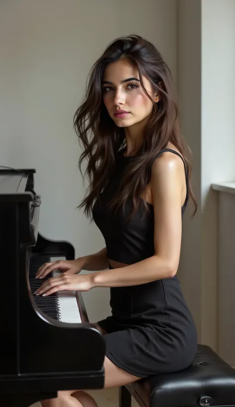 a beautiful girl in black mini skirt is playing piano look at camera