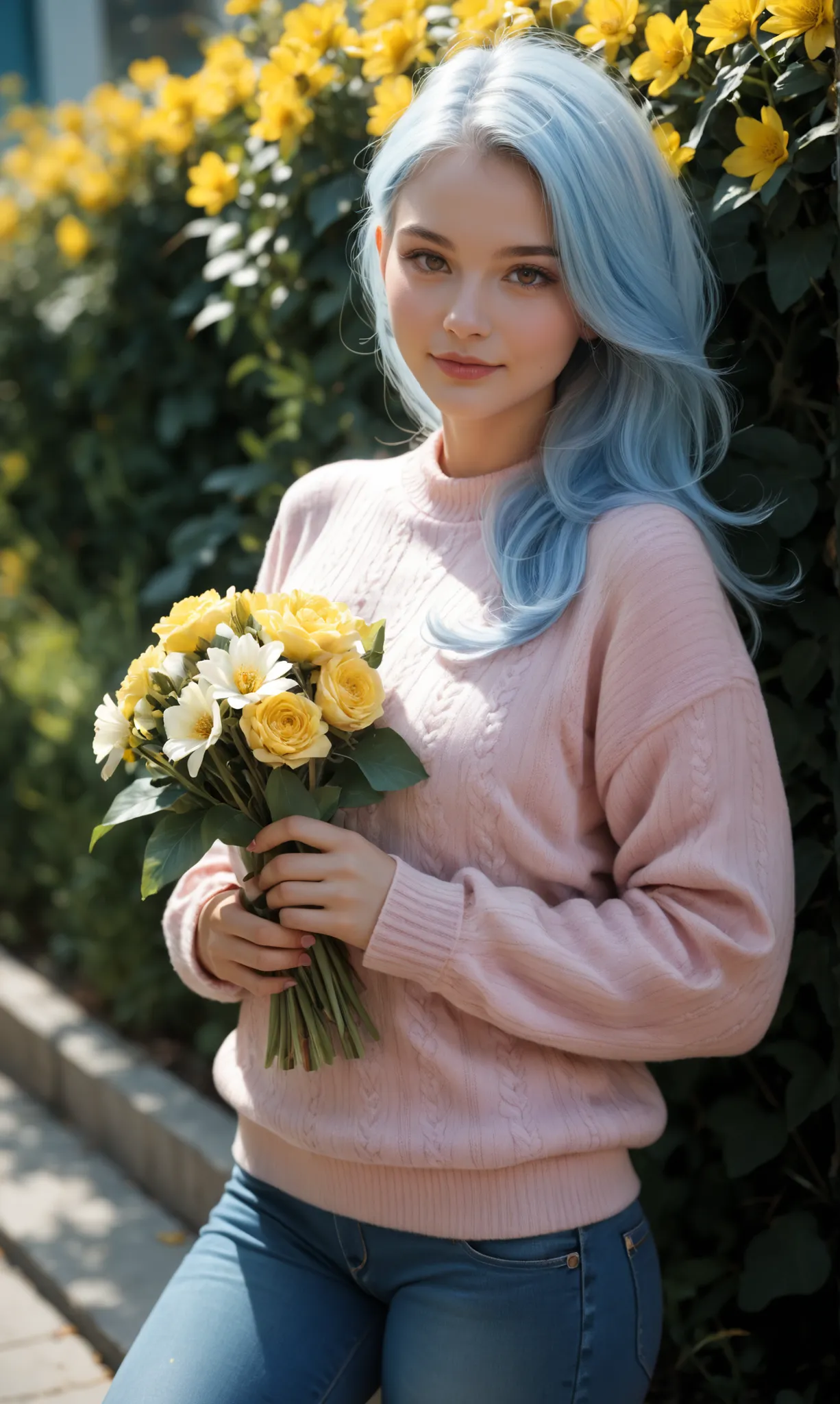 Futuristic girl, light blue hair, elongated light brown eyes, white skin, wears a beautiful pink sweater and blue jeans, she is looking at the viewer, she is holding a yellow flower, extremely detailed realistic style image 4k