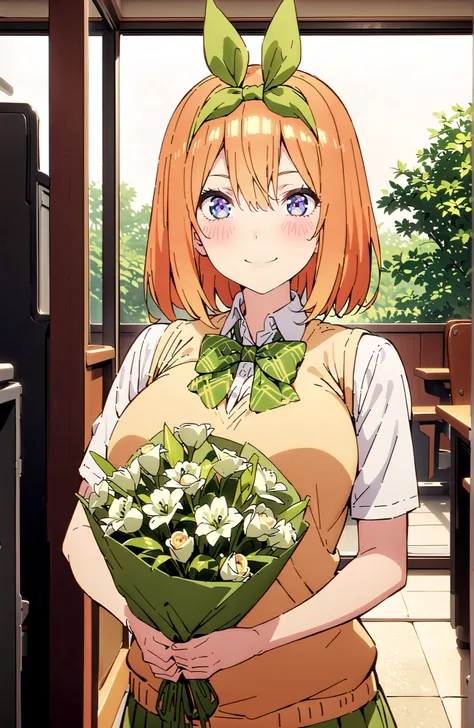 score_9, score_8_up, score_7_up, 中野四葉, solo,bungs, short hair, blue eyes, hair between eyes, hair ribbon, headband, orange hair, (green ribbon:1.5), smile,blush,grinning,Big Breasts,
in their 40s skirt, shirt, bow, ribbon, uniform, white shirt, short sleev...