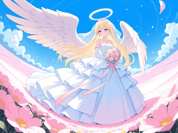 a girl, blonde hair, very long hair, straight hair, skinny, wedding dress, very long skirt, spread skirt, very long bridal veil, white elbow gloves, white stocking, wedding bouquet, earrings, necklace, large tiaras, bashful, smile, (huge angel wings), flyi...