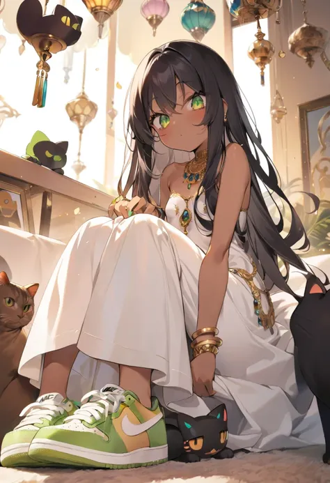 Girl, Best quality, model, cute middle eastern girl, princess, dark skin, long black straight hair, light green eyes, wide eyes, cat like figure, jewelry, gold bracelet, small breasts, 20 year old, modeling for Nike shoes,