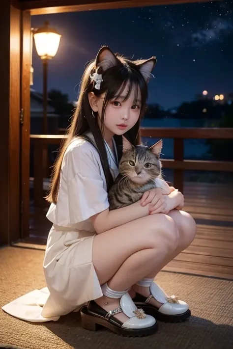 ultra high definition 、16k、32K、reality、night sky、lots of stars、moonlight、 beauty、cute、cat耳美少女、Miniskirt sailor suit、cat、(catに乗って屋根の上を駆け抜けている)、full body
