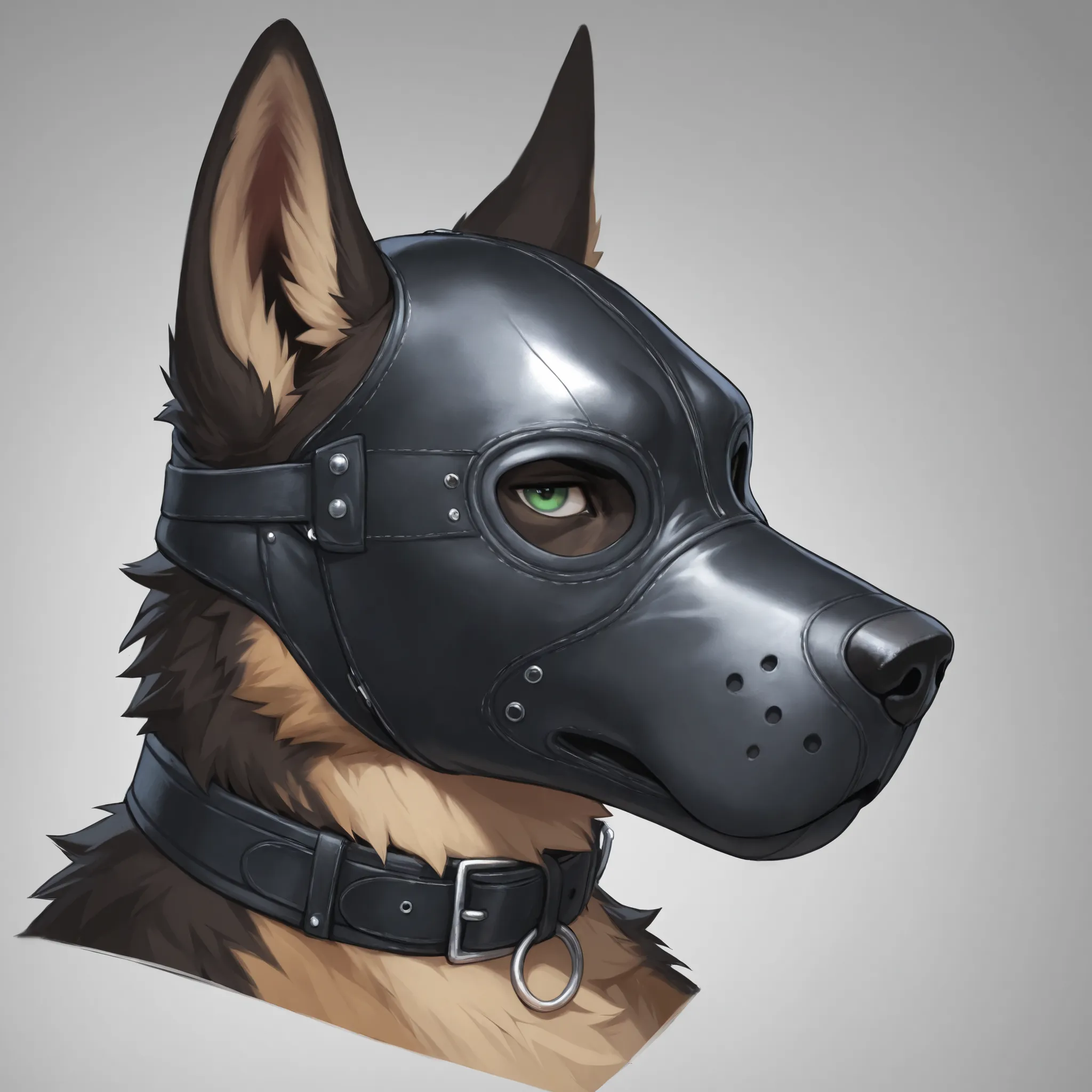 Furry, 1boy, highly detailed, breathtaking, male only, 18+, headshot, pup mask, german shepherd, white background, looking at viewer, leather collar