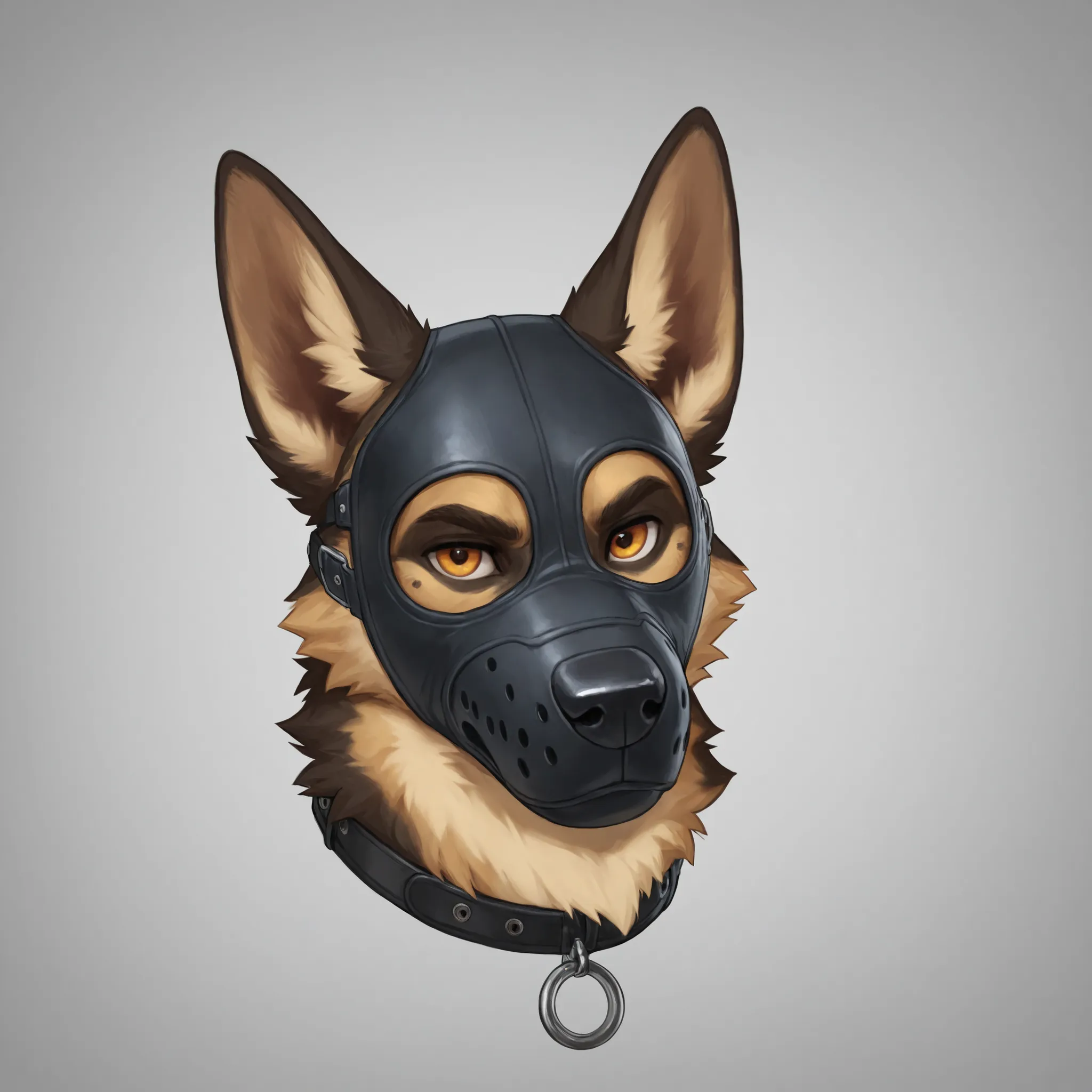 Furry, 1boy, highly detailed, breathtaking, male only, 18+, headshot, pup mask, german shepherd, white background, looking at viewer, leather collar