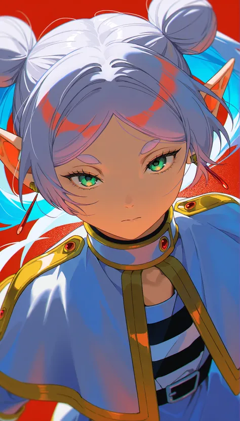 masterpiece, best quality, amazing quality, very aesthetic, absurdres, newest, scenery, 1girl, Frieren, serious face, view from bottom, halfbody frame, double bun, look at the viewer, upper body, red background, backlighting, from above, dutch angle, photo...