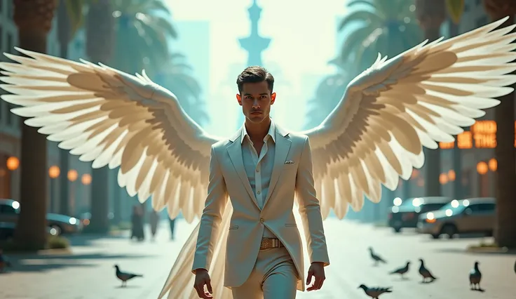Handsome Male angel, light blue eyes, European features, similar features to male actor Cha eun woo, Large biceps, short cut hair, white large feathery wings stretches wide, adorn in a white suite and white cloak over his head, stares intensely with a plai...
