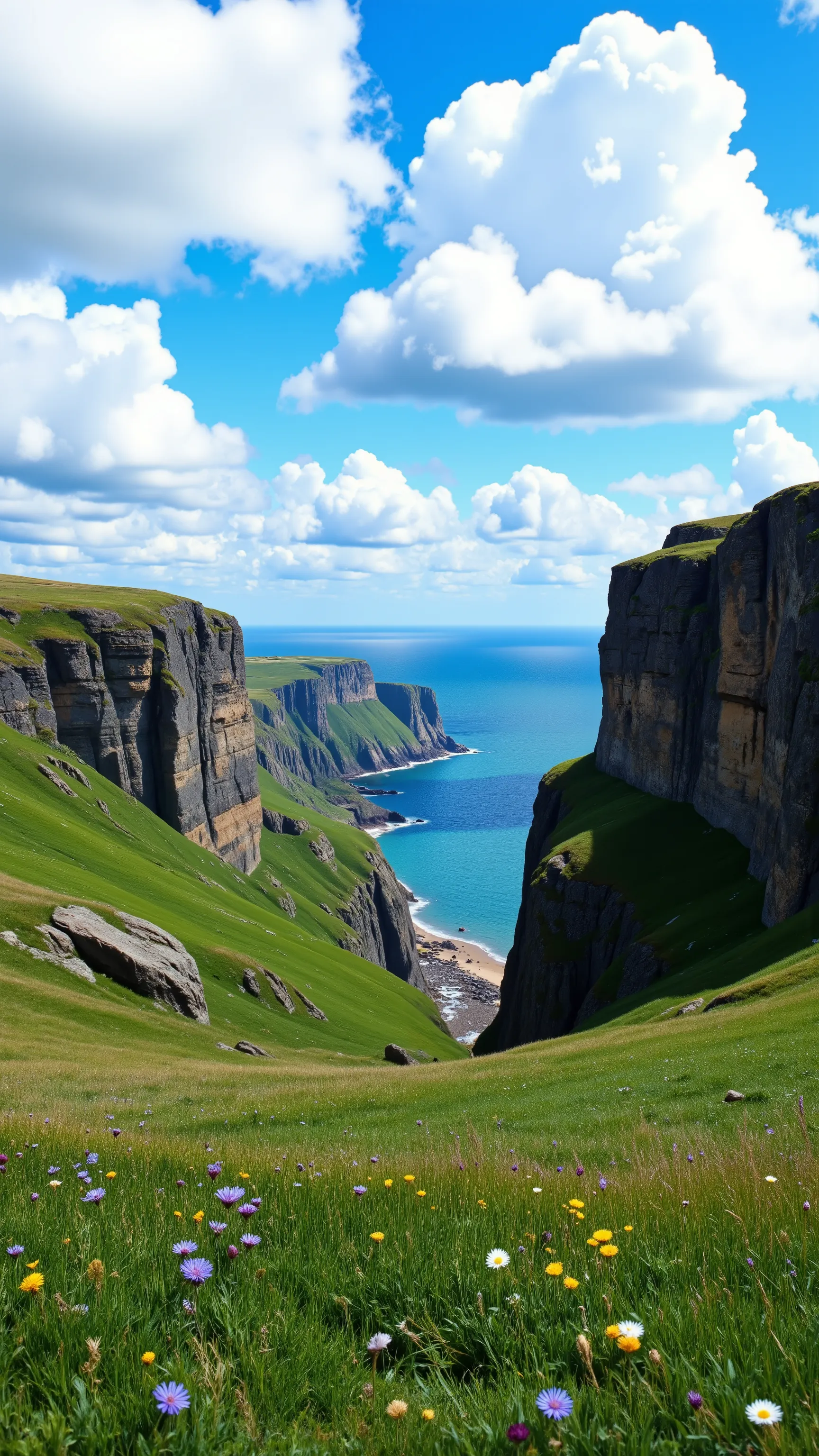 highdefinition images、from the prairie cliffs in the foothills of the Strait of Dover、see France、Just a few flowers、 blue sky and clouds。