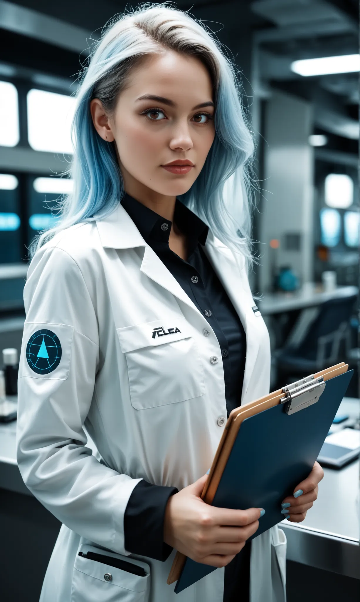 Futuristic girl, light blue hair, elongated dark brown eyes, pele branca, wears a futuristic scientist outfit, She's looking at the observer , she is holding a clipboard , extremely detailed realistic style image 4k