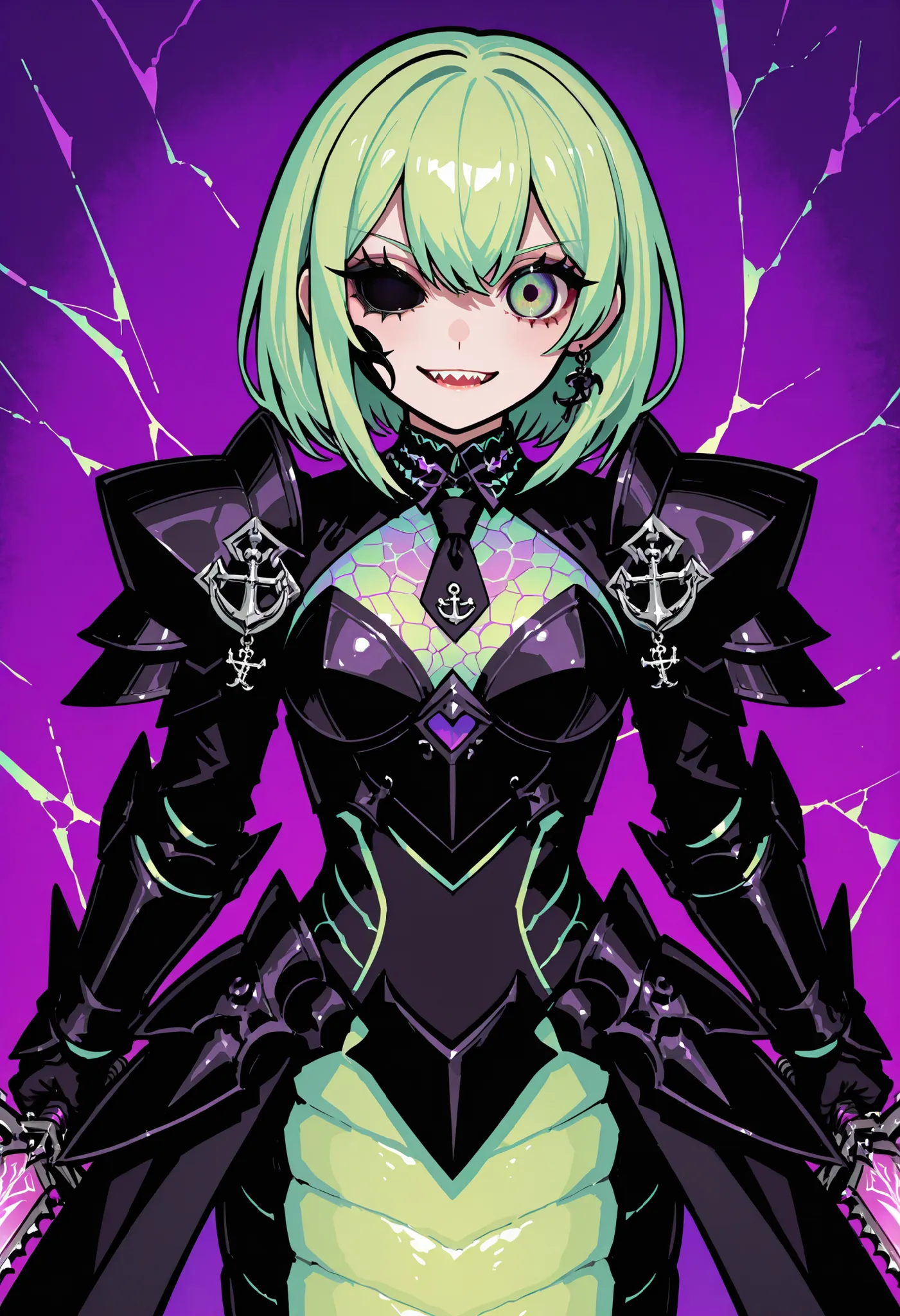 Lamia style girl. Centipede body. Black snake. Green scale pattern. Armor knight. Bright hair. Tie hair. Asymmetric eyes. Snake eyes. Snake skin face. Anchor charm on collar. Black armor. Purple decoration. Holographic crack costume. Sharp claws. Holding w...