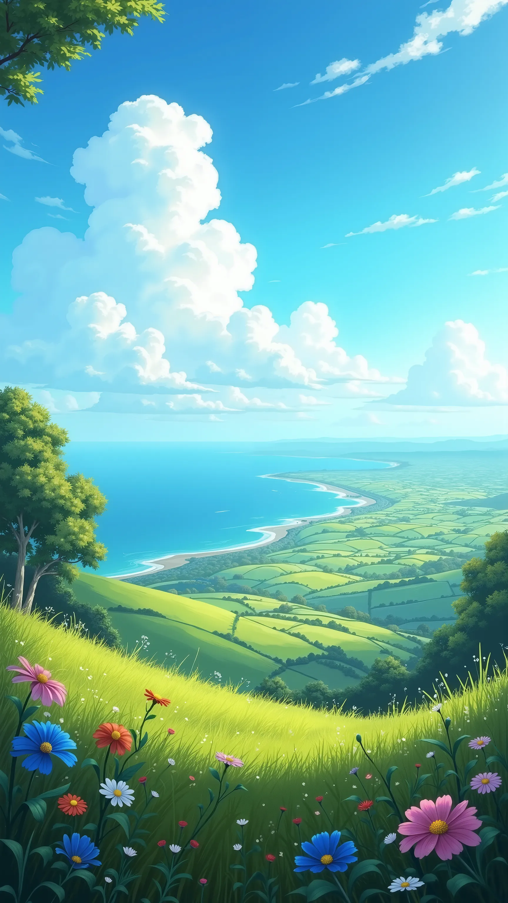 High definition images、from the hilly steppes of Normandy at the foot of the Strait of Dover、海の近くからLooking at イングランド in the distance、Just a few summer flowers、I'm watching the blue sky and clouds。