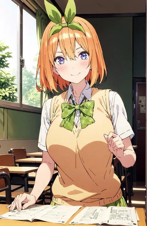 score_9, score_8_up, score_7_up, 中野四葉, solo,bungs, short hair, blue eyes, hair between eyes, hair ribbon, headband, orange hair, (green ribbon:1.5), smile,blush,grinning,Big Breasts,
in their 40s skirt, shirt, bow, ribbon, uniform, white shirt, short sleev...