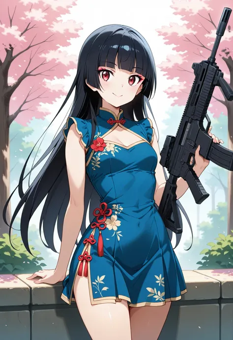 Highest Quality, details, high resolution, 8k, 超high resolution, shot from the front、(anime illustration style:1.2),Standing、1 girl on break day, solo、Rory Mercury、(perfect eye side by side),long hair, black hair, Red Eyes, bungs, blunt bungs, princess cut...