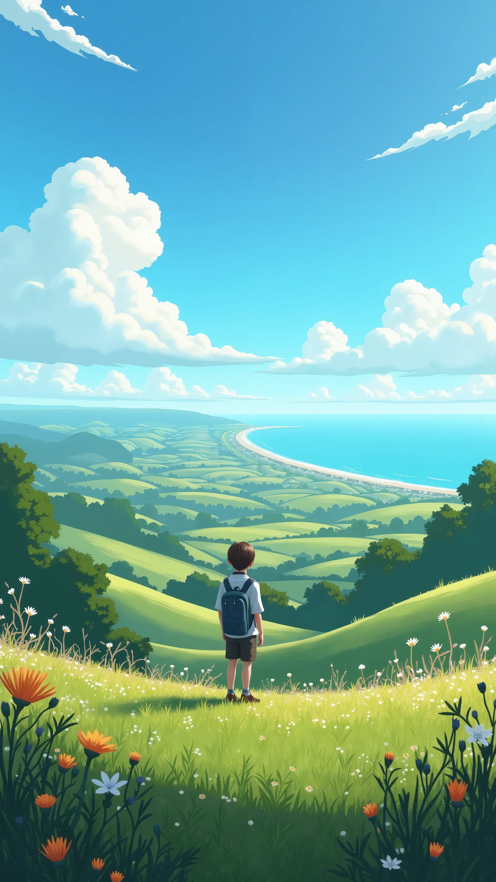 High definition images、from the hilly steppes of Normandy at the foot of the Strait of Dover、海の近くからLooking at イングランド in the distance、Just a few summer flowers、I'm watching the blue sky and clouds。
