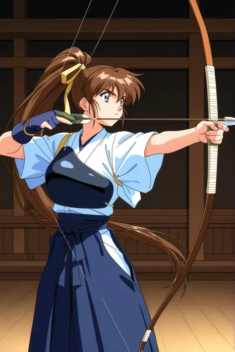 1girl,solo,general,highres, ultra-detailed,very aesthetic,best quality ,best hands, perfect anatomy, BREAK,Amatsu_Ai, brown hair, ponytail, very long hair,bangs, purple eyes, high ponytail, 1990s \(style\),anime coloring,BREAK,kyudo wear,kyudogi,dark blue ...