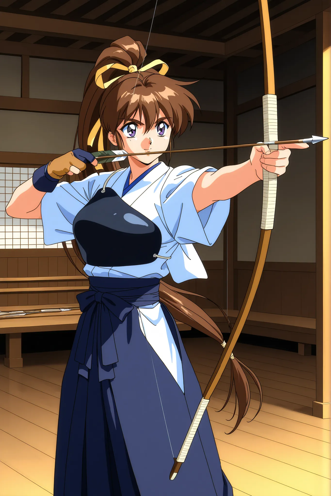 1girl,solo,general,highres, ultra-detailed,very aesthetic,best quality ,best hands, perfect anatomy, BREAK,Amatsu_Ai, brown hair, ponytail, very long hair,bangs, purple eyes, high ponytail, 1990s \(style\),anime coloring,BREAK,kyudo wear,kyudogi,dark blue ...