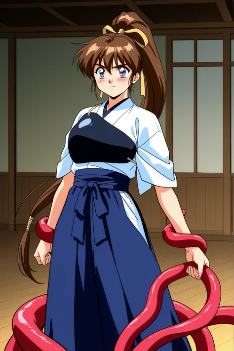1girl,solo,general,highres, ultra-detailed,very aesthetic,best quality ,best hands, perfect anatomy, BREAK,Amatsu_Ai, brown hair, ponytail, very long hair,bangs, purple eyes, high ponytail, 1990s \(style\),anime coloring,BREAK,kyudo wear,kyudogi,dark blue ...