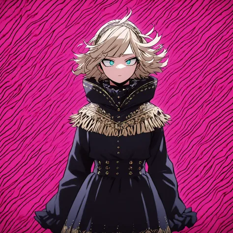 A young-looking girl, with very fair skin , large light blue eyes and small pupils that convey an attentive and serious look. Her hair is short, preto, with straight bangs and a silver blonde lock highlighted on the left side. She wears a long Victorian-s...