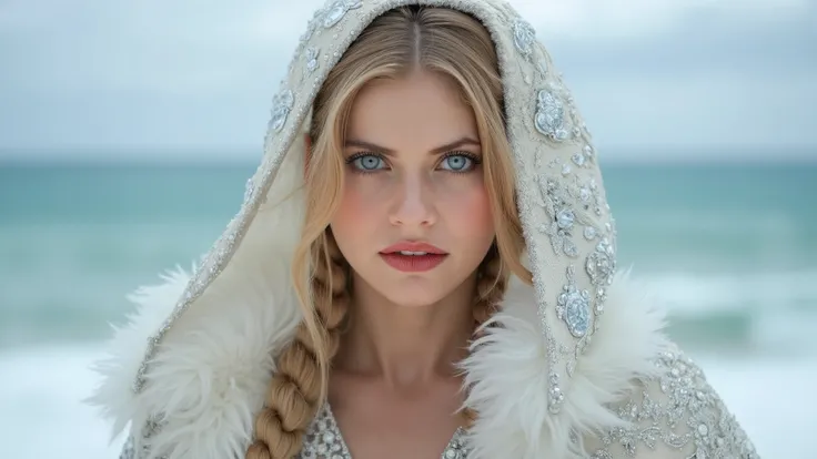 A fiercely proud etheric woman stands, her presence exuding unwavering strength. Her blonde braids cascade down her back, framing a face marked by determination and resilience. This stunning portrait captures her piercing blue eyes, reflecting the icy land...