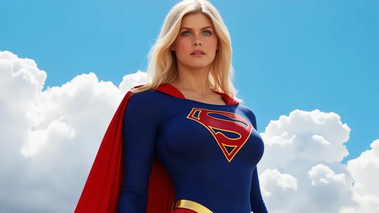 photo realistic image of 1 super heroine from Krypton blond Supergirl, long straight hair with bangs, blue eyes, fit, firm and curvy, blue sky with majestic clouds in background