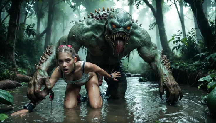 High-resolution details of a young girl running away from a monster, Monster chasing a girl dragging her huge penis across the floor in a swamp