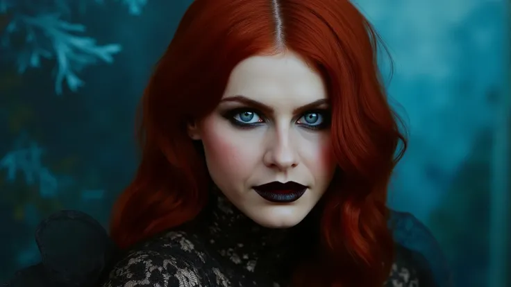 A captivating and alluring portrait of a mysterious woman with cascading red hair, with a secretly smile and winking, brilliantly rendered in Charlie Bowater's signature style. The artwork is bathed in a dark blue and black color palette, evoking an enigma...