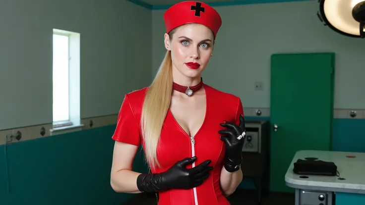 seductive nurse, very long honey blonde hair, hair tied over one shoulder, amber eyes, perfect face, perfect skin, perfect hands, perfect legs, blood red lips, glossy red pointed manicure, (suggestive smile: 1.8), (gazing at viewer), sexy confident gaze, l...