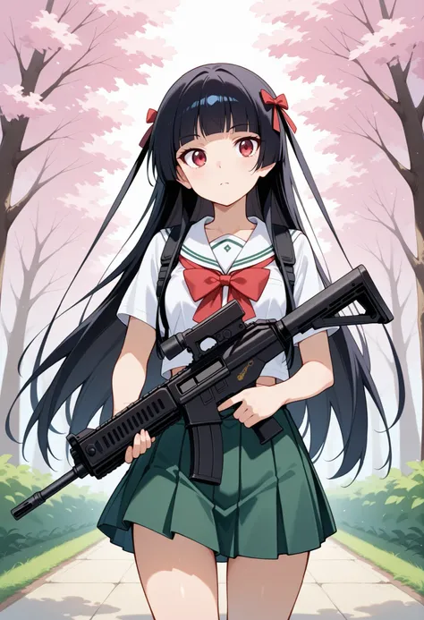 Highest Quality, details, high resolution, 8k, 超high resolution, Soft Saturation, front shot、standing、1 girl on break day, solo Rory Mercury 、非常にdetailsな目, beautiful beautiful red eyes、masterpiece 、white school sailor uniform、Green Skirt、  (with a black as...