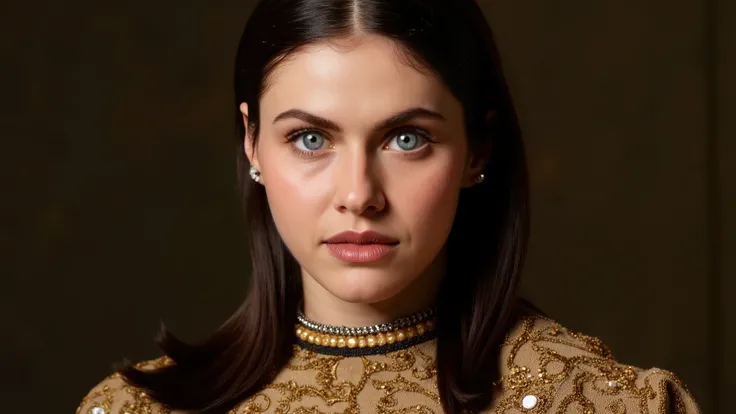 photorealistic portrait of beautiful young medieval woman dressed in medieval clothes, Fifth Element style fashion, Jean Paul Gaultier, haute couture, she is looking directly at the camera, supermodel fashion shoot aesthetic, fashion shoot lighting, subtle...