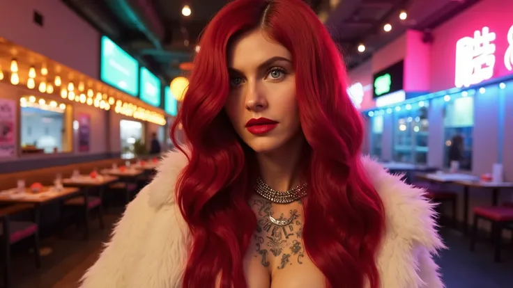 Brazilian 40 yers old woman, Create an ultra-photorealistic portrait of Trinity with color hair, inspired by cybercity restaurant backround. colorful atompunk, Long Hair, chains, on Women's snow white fur coat, no shirt body tattoos, warm pose, highly deta...